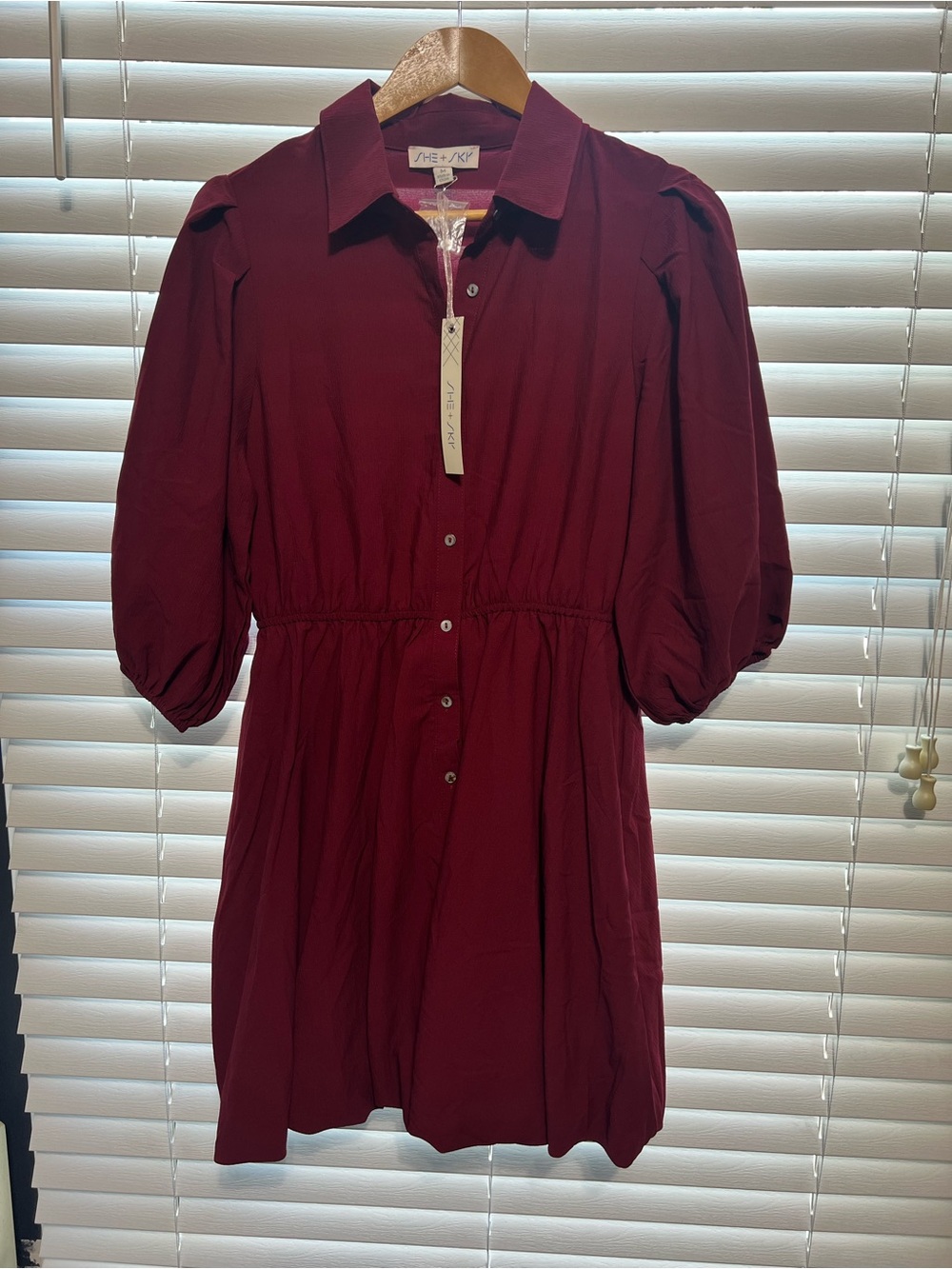 She + Sky Burgundy Button-Front Mini Dress with Puff Sleeves